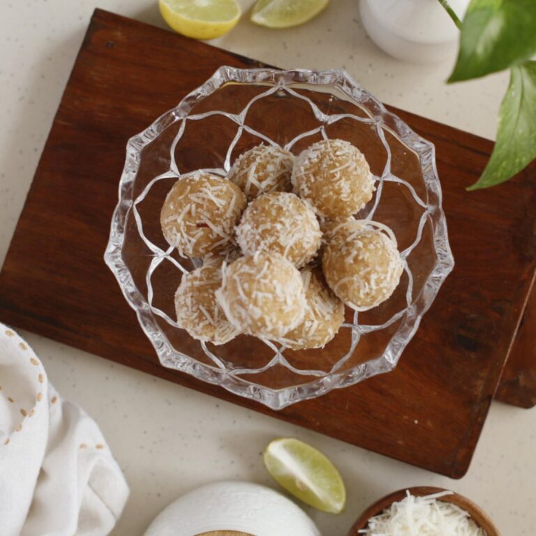 lime and coconut balls on a serving bowl