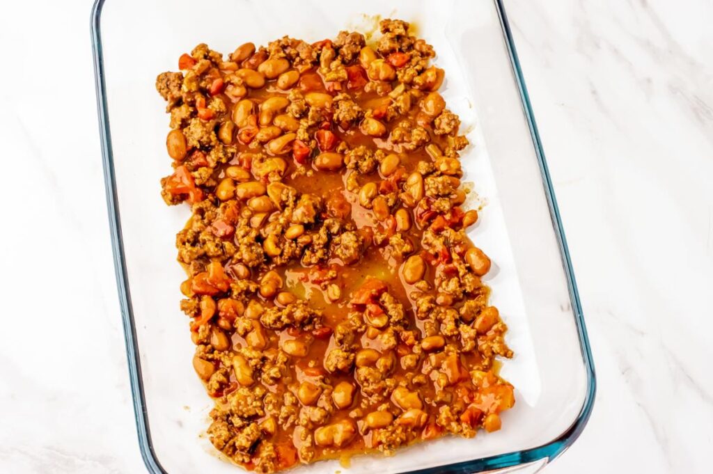 beef filling mix in a baking dish