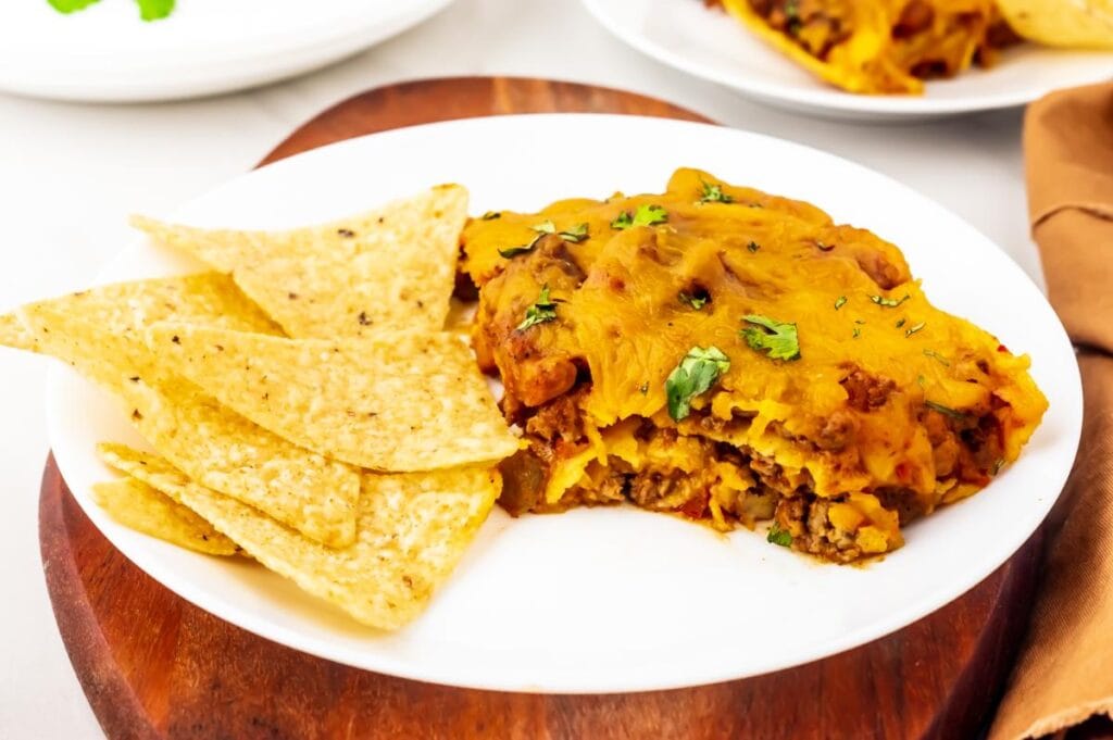 plate of casserole with cheese topping
