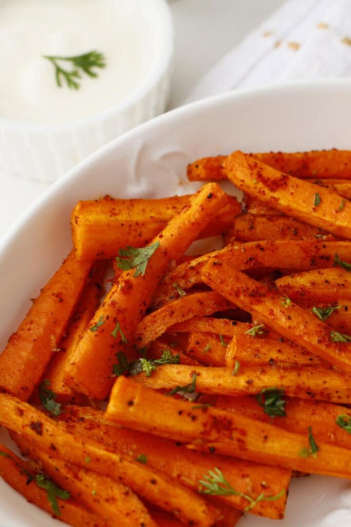 air fried carrot fries with dip on the side
