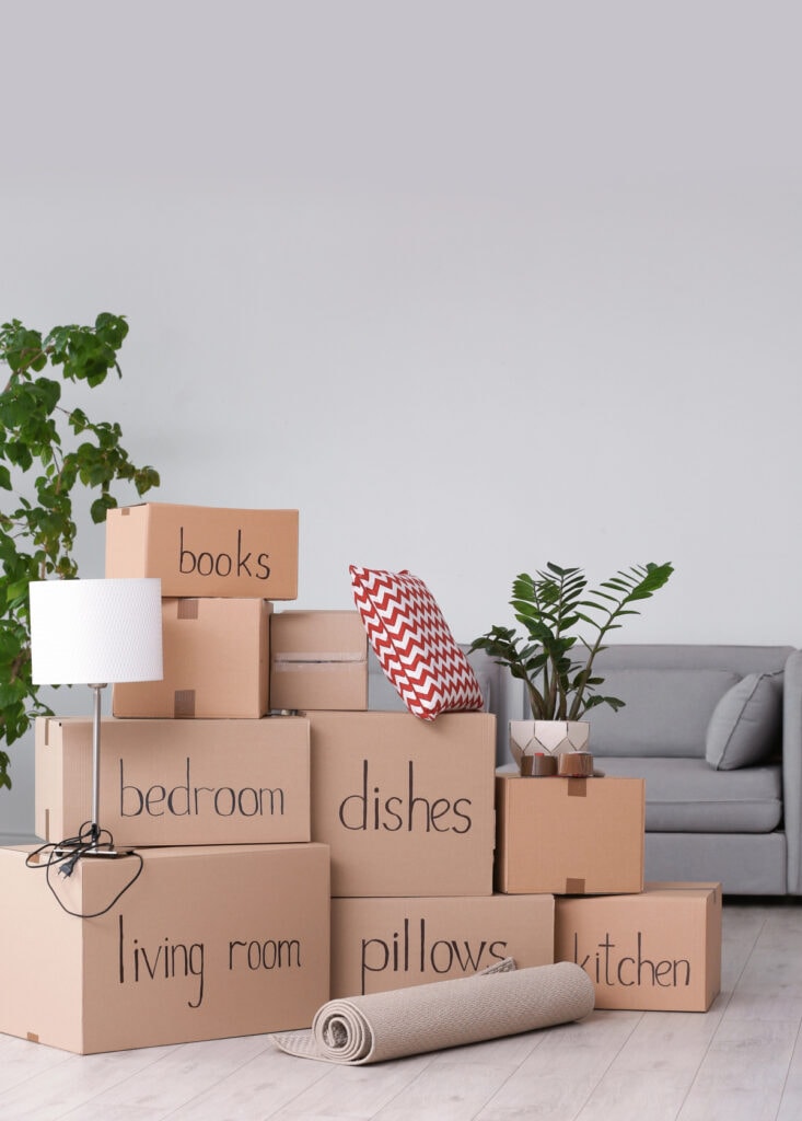 moving boxes labeled with contents